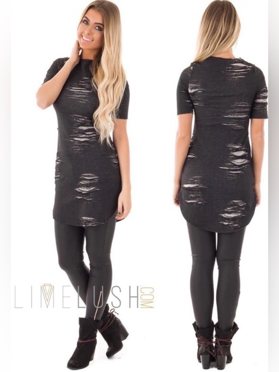 Black Bead Dresses & Skirts - Black Bead Destroyed Knit Dress W/Side Slit (L)
